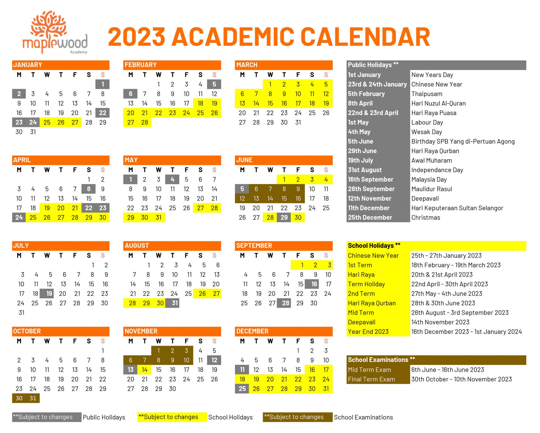 Academic Calendar Maplewood IGCSE & Homeschool in Puchong, Seri